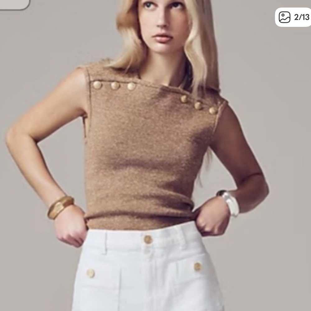 NWT • J. Crew • Merino Linen Blend Sleeveless shell w/Gold Buttons • Sz XS